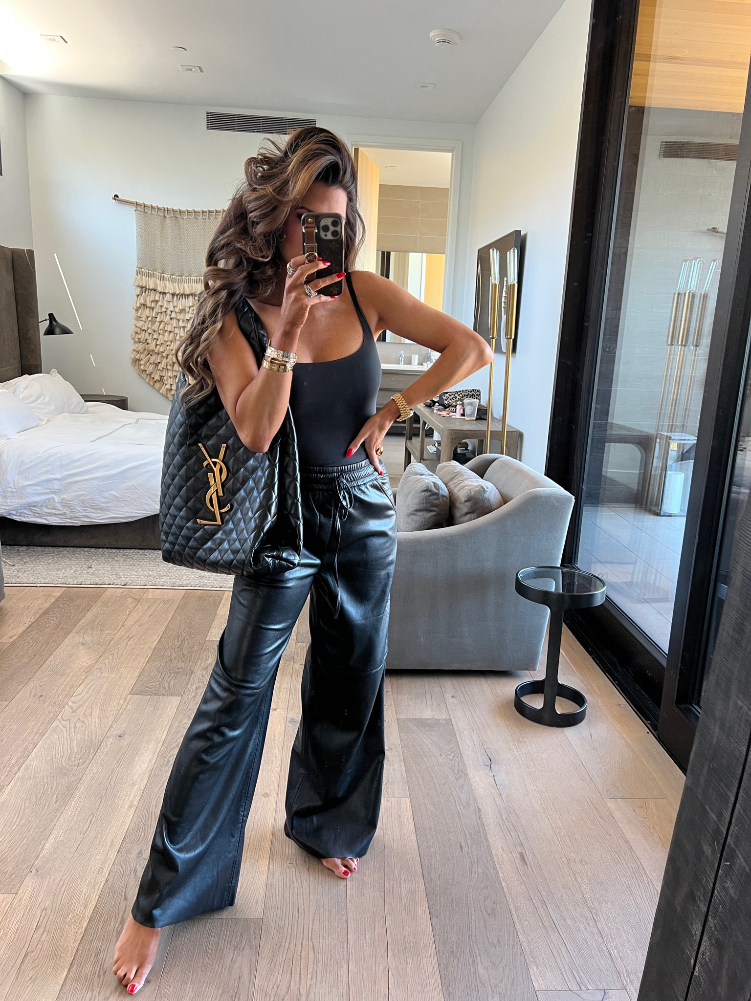 Fall Outfits, Faux Leather Wide Leg Pants, Skims Bodysuit, YSL Icare Maxi Shopping Bag, Emily Ann Gemma, Fall Fashion, Fall Handbag, Flattering Bodysuit, Fall Pants 

#LTKstyletip #LTKitbag