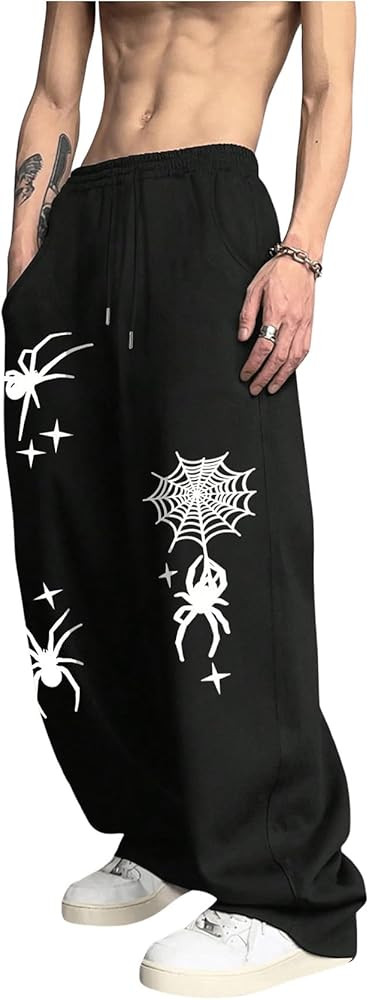 SHENHE Men's Graphic Sweatpants Spiderweb Print Drawstring Low Rise Y2k Pants Streetwear | Amazon (US)