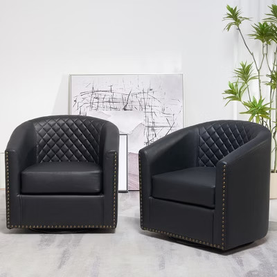 KINWELL 29" Wide Tufted PU Leather Swivel Barrel Chair (Set of 2) - Black | Target