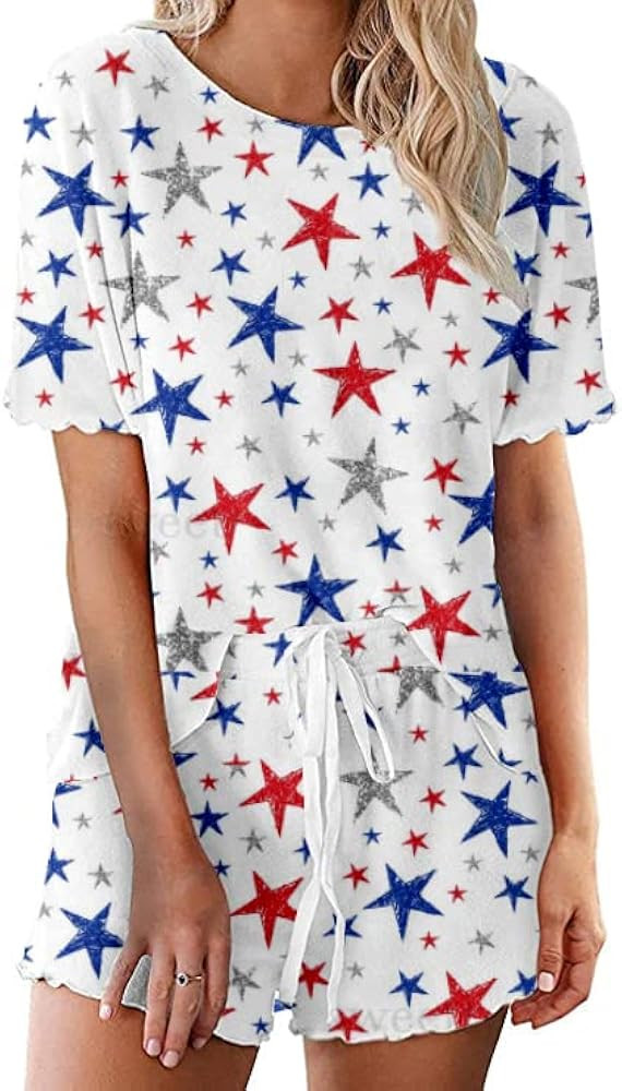 Women's Ruffle Short Sleeve Tops and Shorts Memorial Patriotic Red White Blue Pajamas Sets | Amazon (US)
