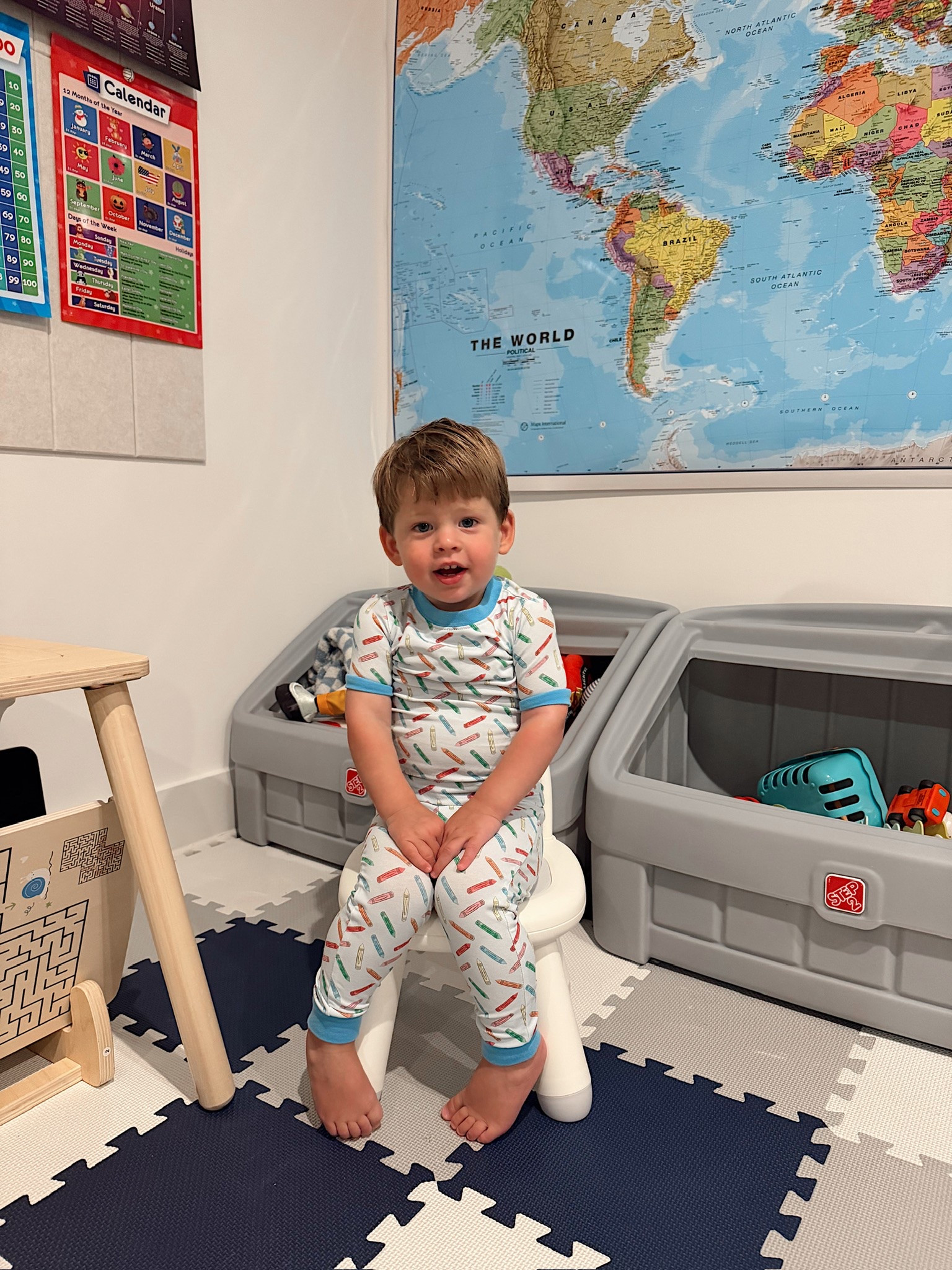 Storm in his adorable crayon pajamas from @classicwhimsy the night before meet the teacher!

#LTKootd #LTKKids #LTKBaby
