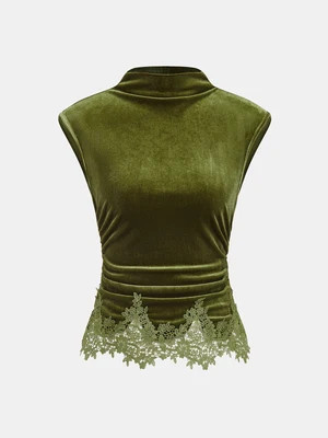 Lace Hem Ruched Velvet Sleeveless Top | Commense