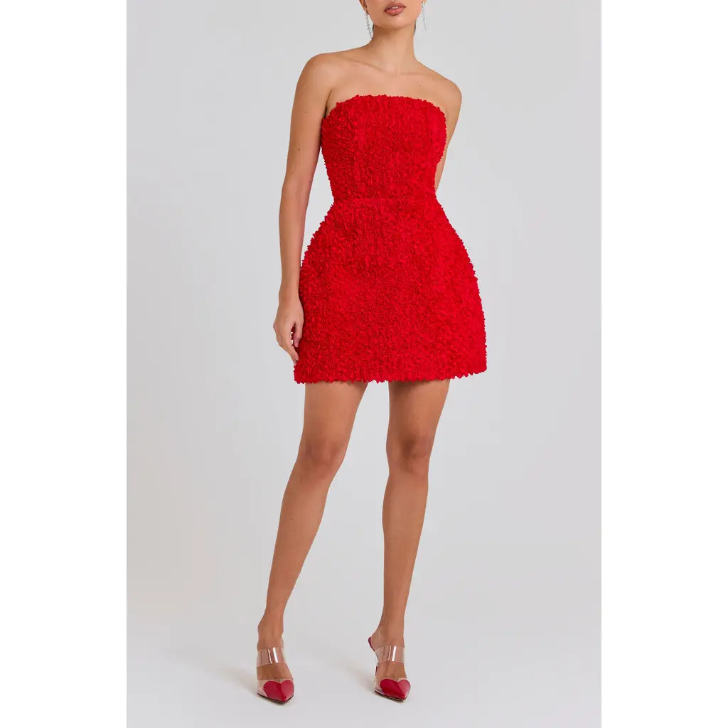 NADINE MERABI Maisy 3D Tulip Floral Strapless Minidress in Red at Nordstrom, Size 8 | Nordstrom