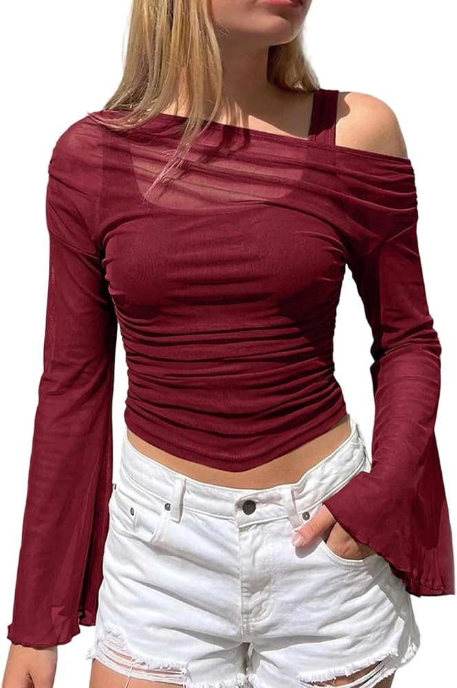 Long Sleeve Sheer Shirt Womens Off Shoulder Mesh Top Y2K Sexy Bell Sleeve Tee Going Out Blouses C... | Amazon (US)