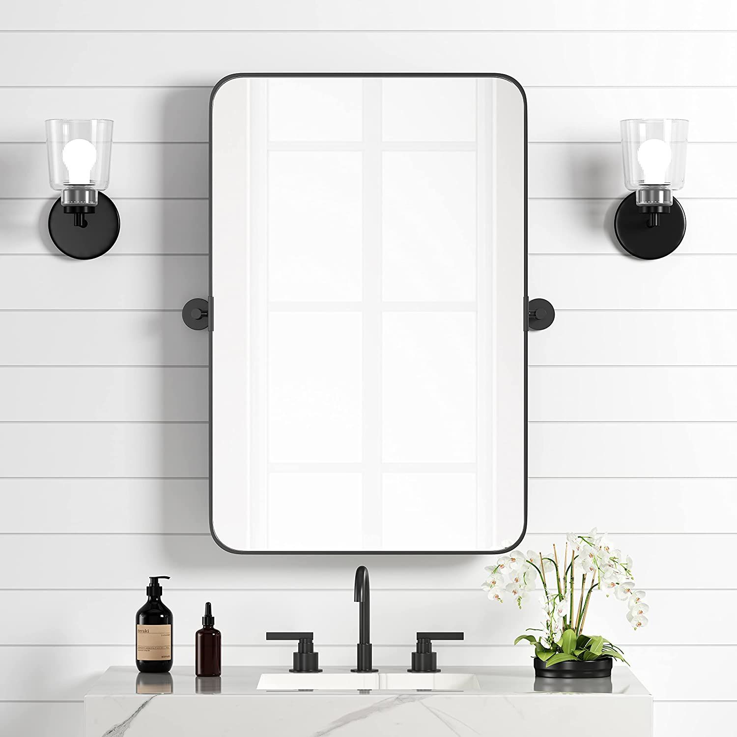 HMANGE 24 x 36 Inch Pivot Bathroom Mirror - Farmhouse Large Black Metal Framed Rectangular Vanity... | Amazon (US)