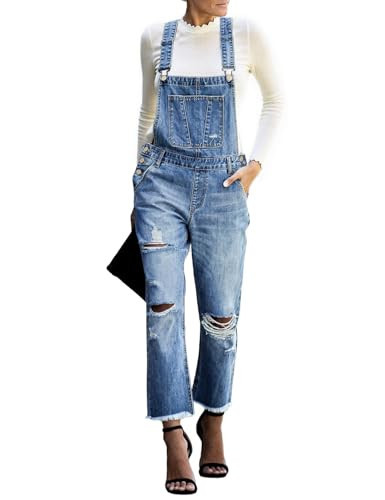 luvamia Flexclusive Women's Casual Distressed Overalls Adjustable Denim Bib Jumpsuits for Women Jean Overalls Pants Trendy Jumpsuits Blue Size Medium | Amazon (US)