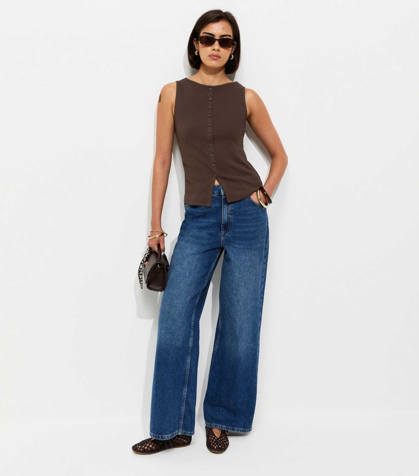 Dark Brown Cotton Rich Button Through Tank Top | New Look | New Look (UK)