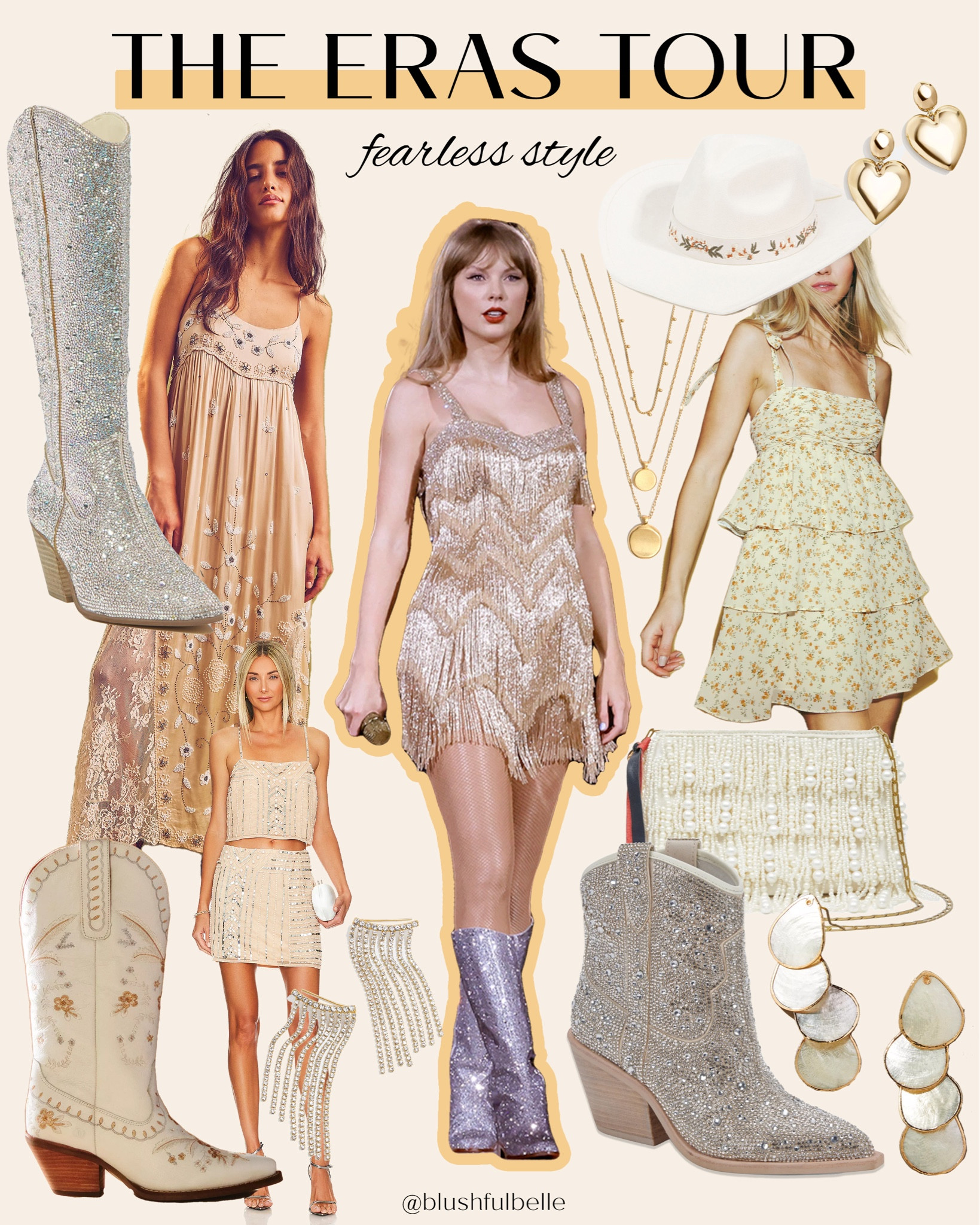 The Eras Tour outfit inspiration for the Fearless era! 🤍 

Taylor swift concert, Taylor swift outfits, concert outfits, western trend, boho style, cowboy boots, rhinestones

#LTKshoecrush #LTKFind #LTKstyletip