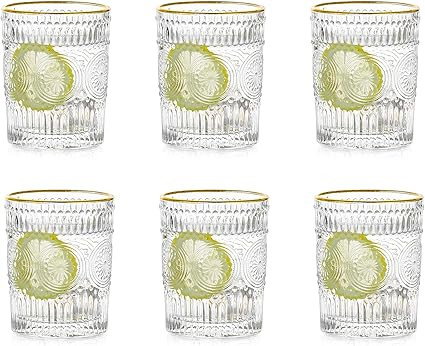 Cup Sets for Kitchen Vintage 10OZ, Embossed Drinking Glasses Set of 6, Phnom Penh Glassware Set T... | Amazon (US)