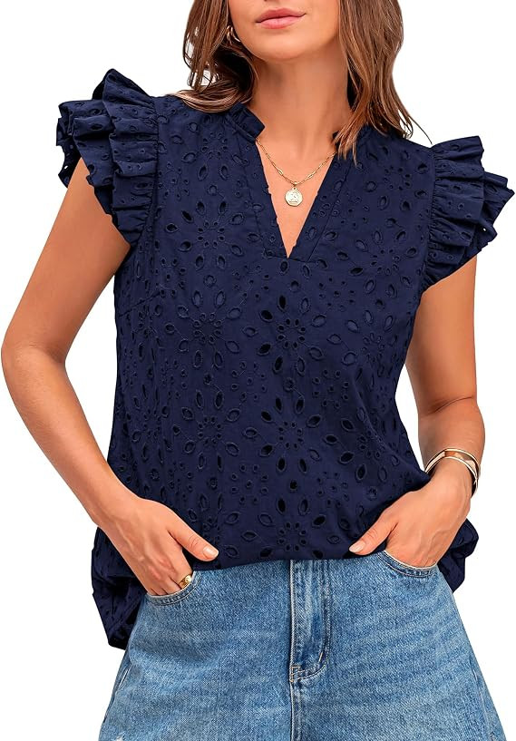 BTFBM Summer Eyelet Tops for Women 2026 Dressy Casual Spring V Neck Ruffle Cap Sleeve Embroidered... | Amazon (US)
