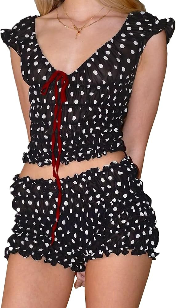 RUEWEY Women Polka Dot Pajamas Set Scoop Neck Cami Top Smocked Ruffle Shorts 2 Piece Lounge Set S... | Amazon (US)