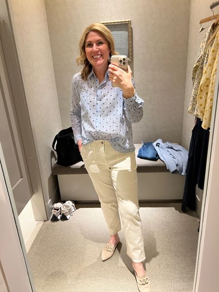 Click link to choose the color or pattern. Blue striped button up shirt. Lightweight. Runs tts. Off white high rise straight leg denim with patch pockets run tts. Very stretchy. Add a blue/navy sweater. 

#LTKunder100 #LTKstyletip #LTKFind