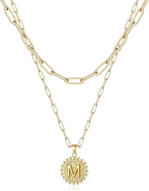 Ursteel Layered Initial Necklaces for Women - 14K Gold Plated Dainty Layering Paperclip Chain Nec... | Amazon (US)