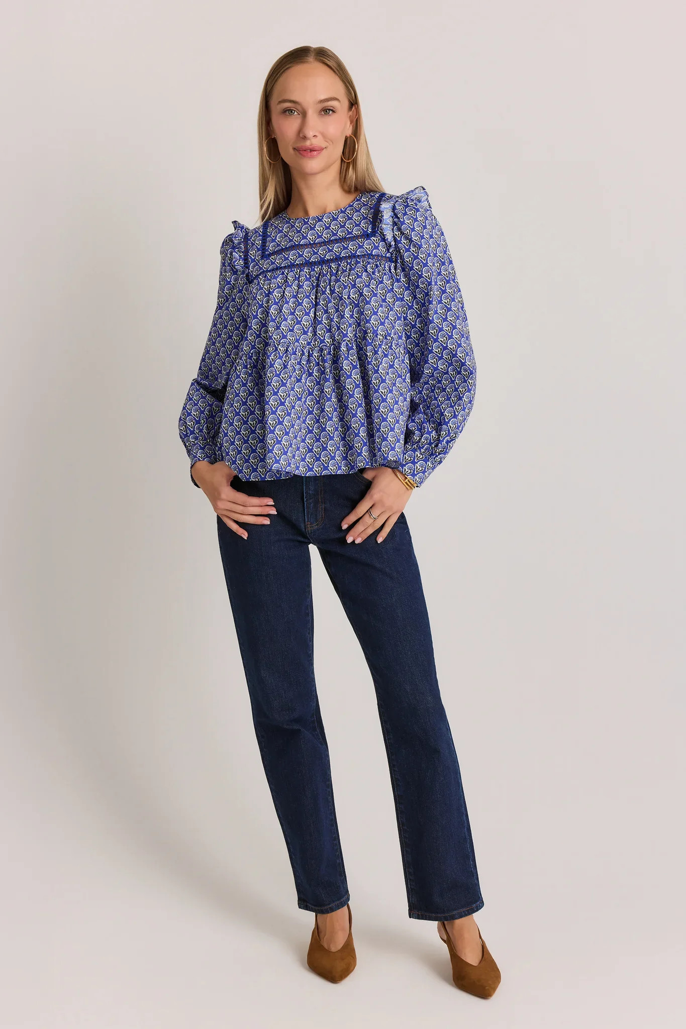 Gemma Blue Floral Ruffle Detail Top | Avara