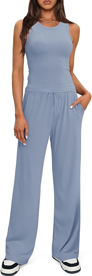 Darong Women's 2 Piece Lounge Sets Sleeveless Tank Tops Wide Leg Pants Sets Tracksuits Matching O... | Amazon (US)