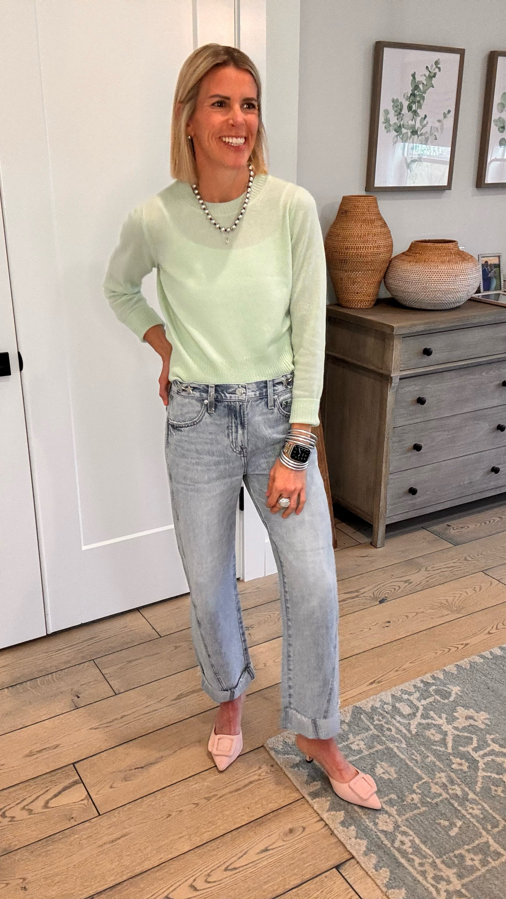 Try out this fun styling hack!  Doing double duty. It not only embellishes your denim to create a studded look - it will tighten your jeans if the waist is too big! 💚🤍

Also this outfit is perfect for spring - great colors, lightweight and chic ✨

#LTKOver40 #LTKWorkwear #LTKStyleTip