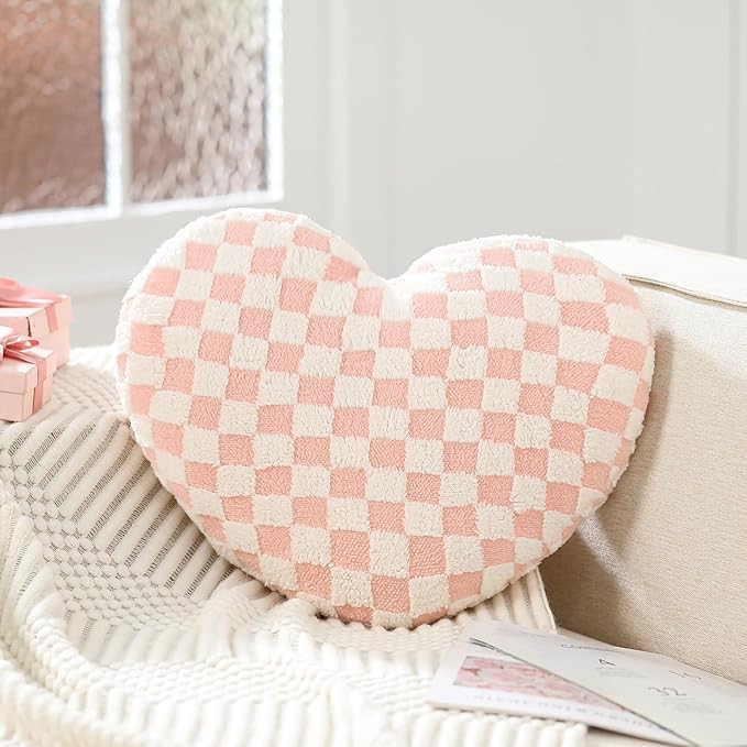 Heart Pillow Valentine Pink Heart Shaped Pillow Fluffy Soft Checked Decorative Pillows Large Hear... | Amazon (US)