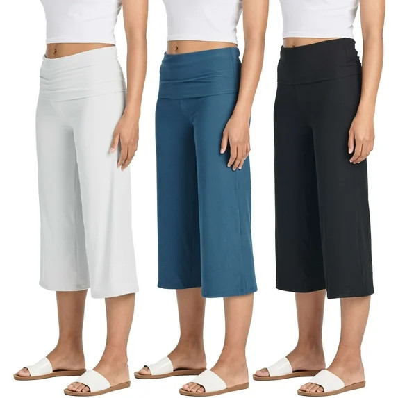 Real Essentials 3 Pack: Women's Ribbed Foldover Wide Leg Loose Capri Open Bottom Yoga Lounge Pant... | Walmart (US)
