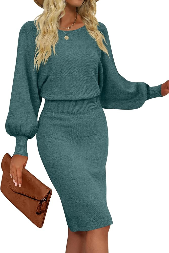 Women's Casual 2023 Long Puff Sleeve Solid Bodycon Midi Dress Ribbed Knit Oversized Pullover Swea... | Amazon (US)
