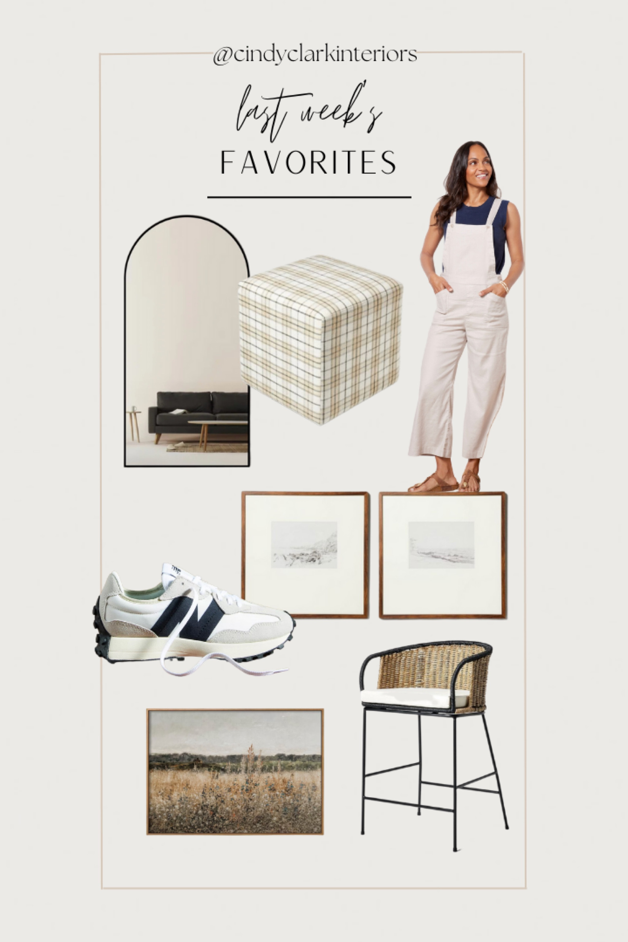All of last week’s favorites, picked by you! 

Overalls, mirror, ottoman, barstools, shoes, art, Target, Evereve, Wayfair, New Balance 