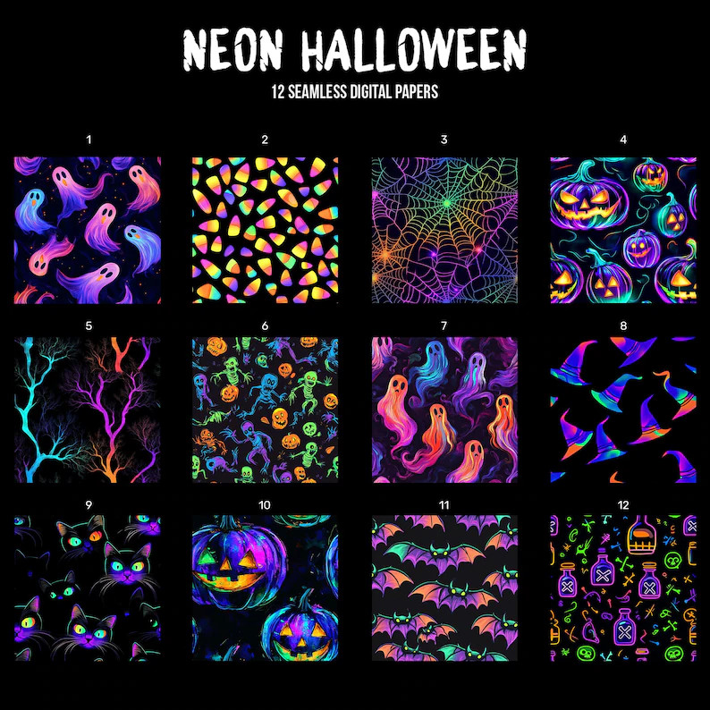 Neon Halloween Digital Paper: Seamless Jack-o-lantern, Spider Web, Bat, Ghost Patterns (digital D... | Etsy (US)
