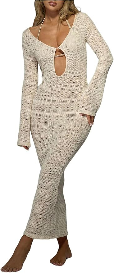 Milumia Women's Cut Out Crochet Cover Up Dress Scoop Neck Long Sleeve Maxi Beach Dress Coverup | Amazon (US)