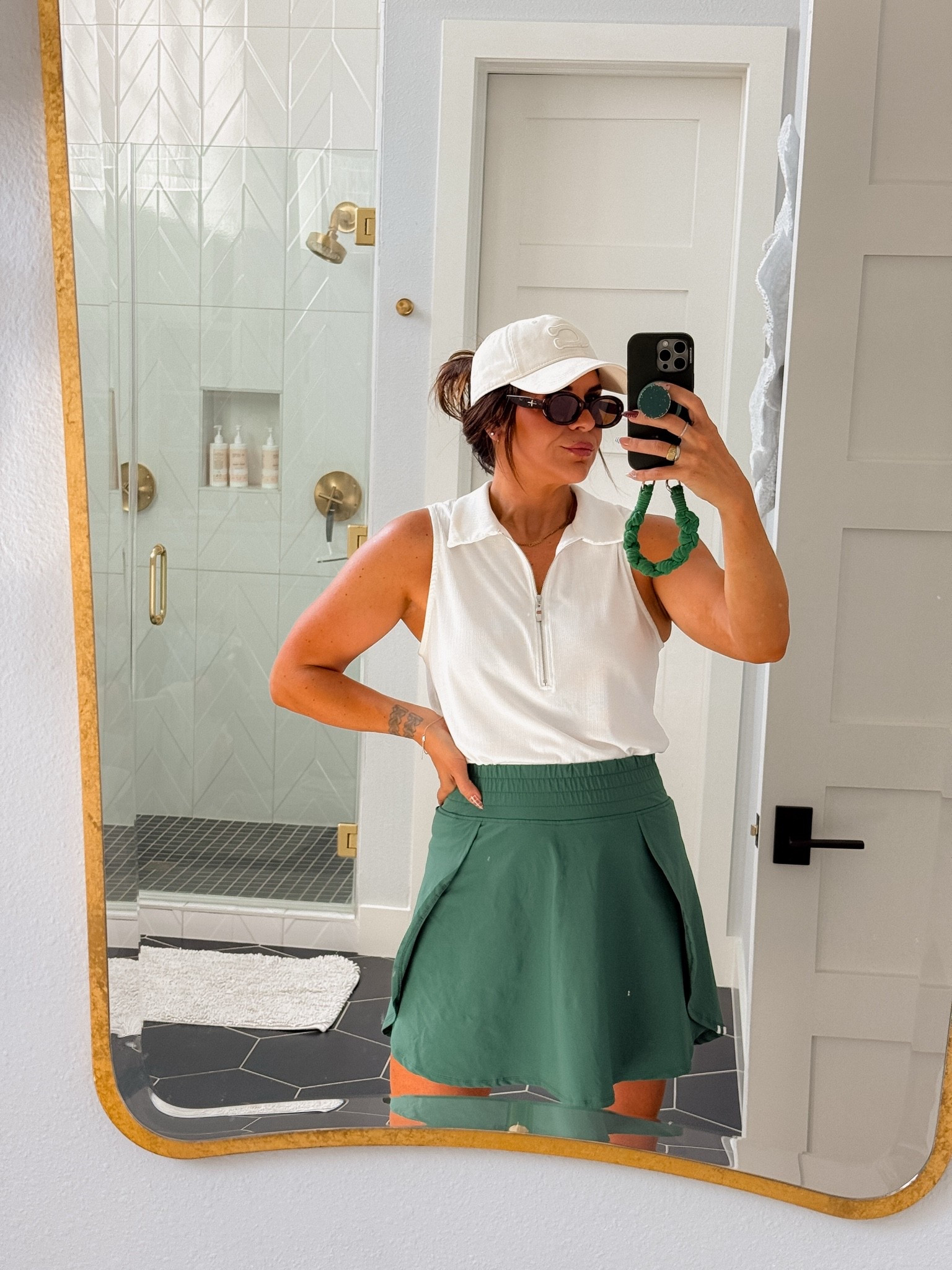 Golf outfit
Zip up collared tank: large
ForeAll skort: large (I could only link the white one, you can visit the ForeAll website for all their cute stuff!
Shoes are old adidas.

#LTKootd #LTKMidsize #LTKActive
