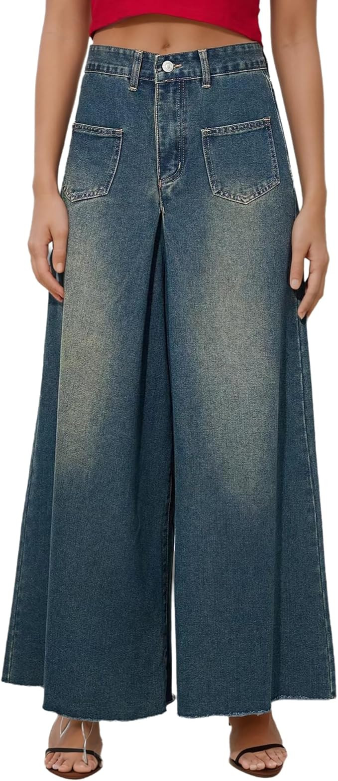 Women's Baggy Jeans Casual High Waisted Pleated Raw Hem Wide Leg Denim Pants | Amazon (US)