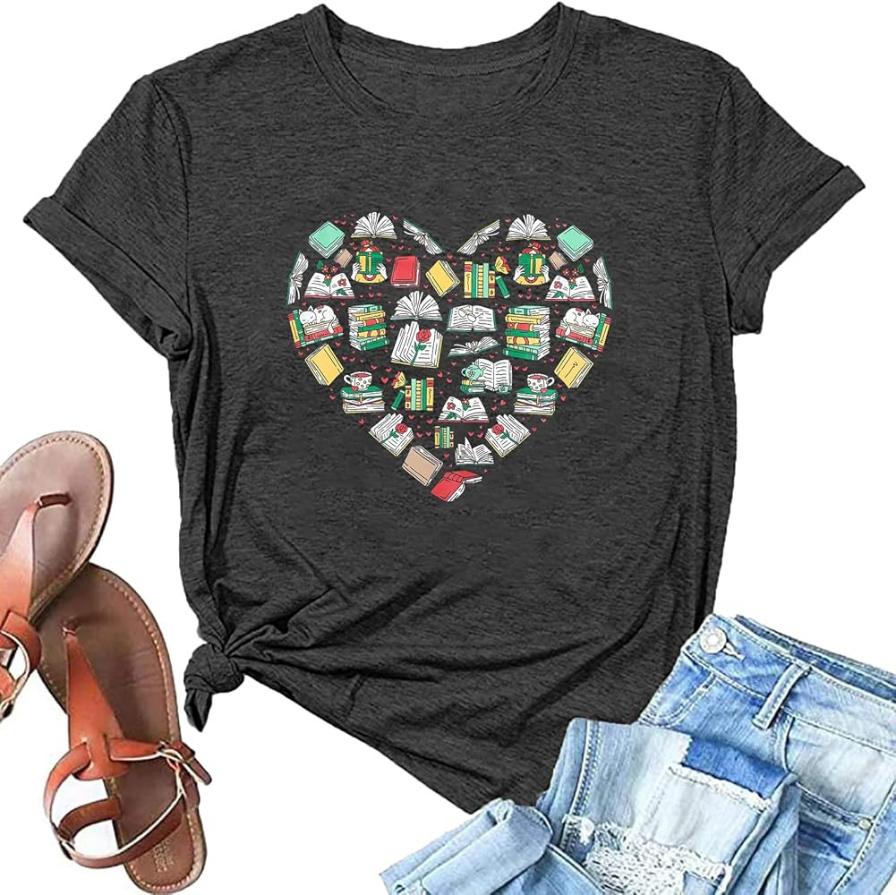 Book Lover Shirts Women Librarian Reading Tshirt Heart Shape Reading Tee Cute Teacher Gift Casual... | Amazon (US)