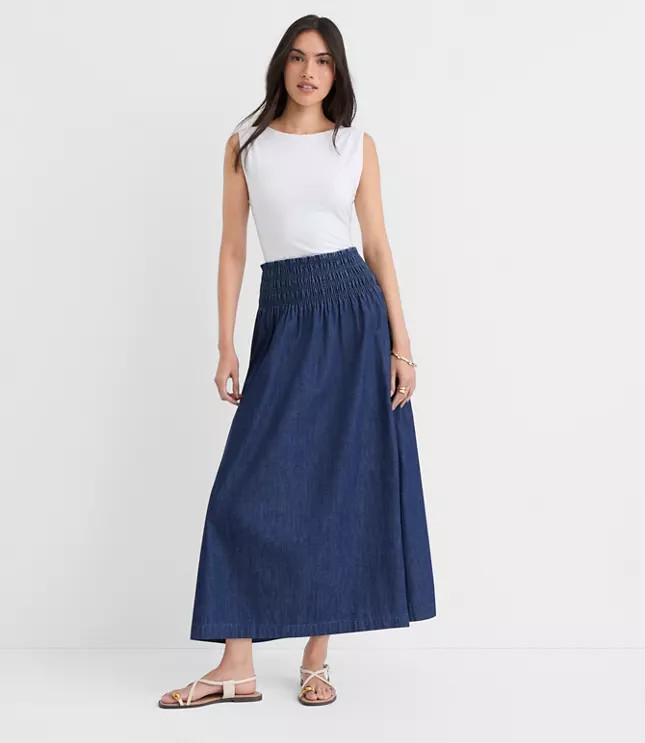 Chambray Smocked Midi Skirt | LOFT
