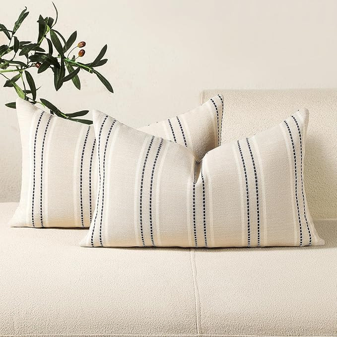 Hckot Throw Pillow Covers 12x20 Set of 2 Striped Pillow Covers Textured Linen Decorative Pillows ... | Amazon (US)