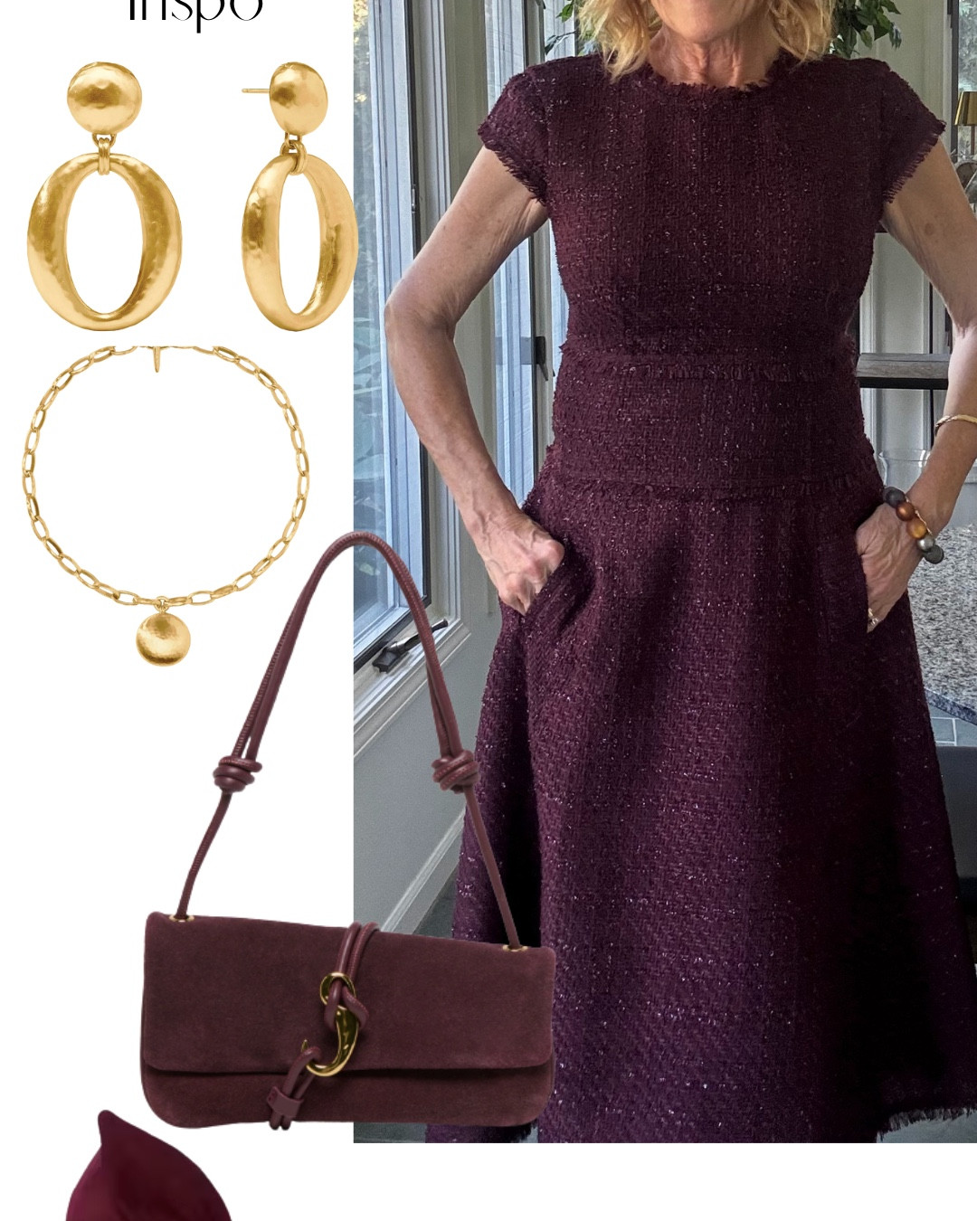 We have been asked recently to find dresses for Fall.  Bev found this one a month ago and has already worn it twice.  It’s a very comfy metallic tweed dress, pockets, midi length and looks great paired with gold and burgundy suede accessories.   Here is the entire outfit she has.  Any questions- just ask. 
Also , the dress and shoes run true to size❤️

#LTKStyleTip #LTKParties #LTKWedding