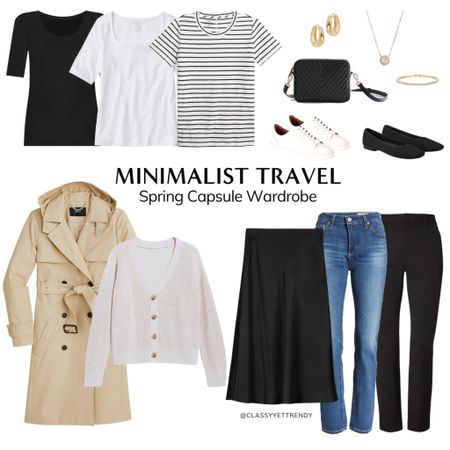 Minimalist Travel Spring Capsule Wardrobe: 10 Pieces, 9 Outfits ✈️ Use this wardrobe for your next vacation to pack light and have several outfits to wear.  You can expand this capsule by adding more pieces for a longer vacation. 