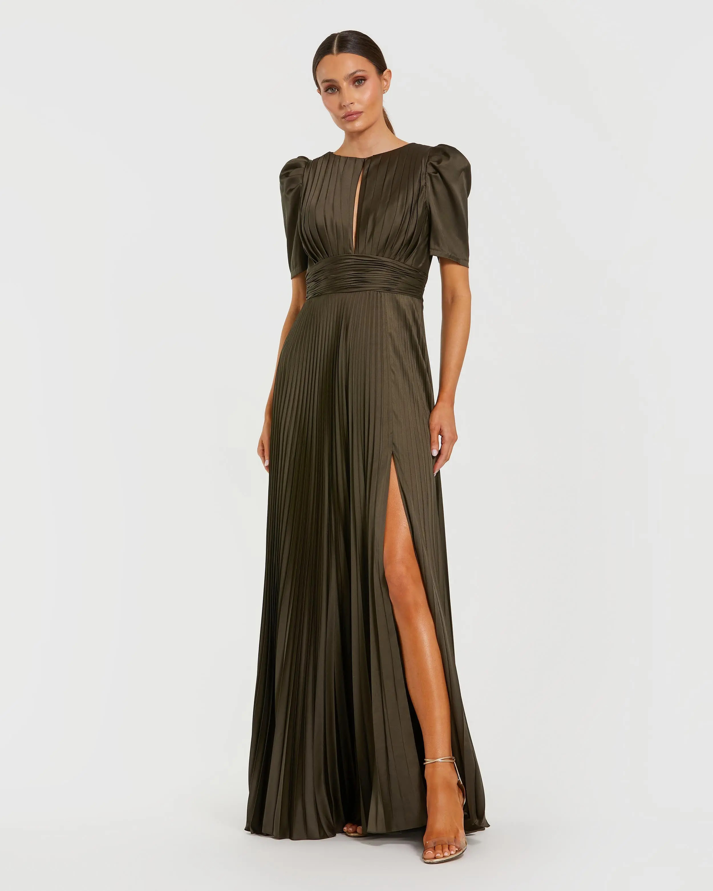 Dark Green Short Sleeve Pleated Evening Gown With Slit | Mac Duggal | Mac Duggal