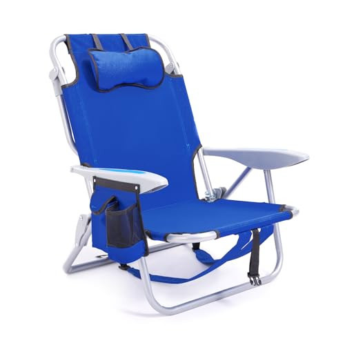 Canpsky Portable Beach Chair for Adults, Outdoor Camping Chair Lay Flat Folding Backpack Beach Reclining Chair with 5 Positions, Headrest, Zipper Pouch, Cup Holder, Blue | Amazon (US)