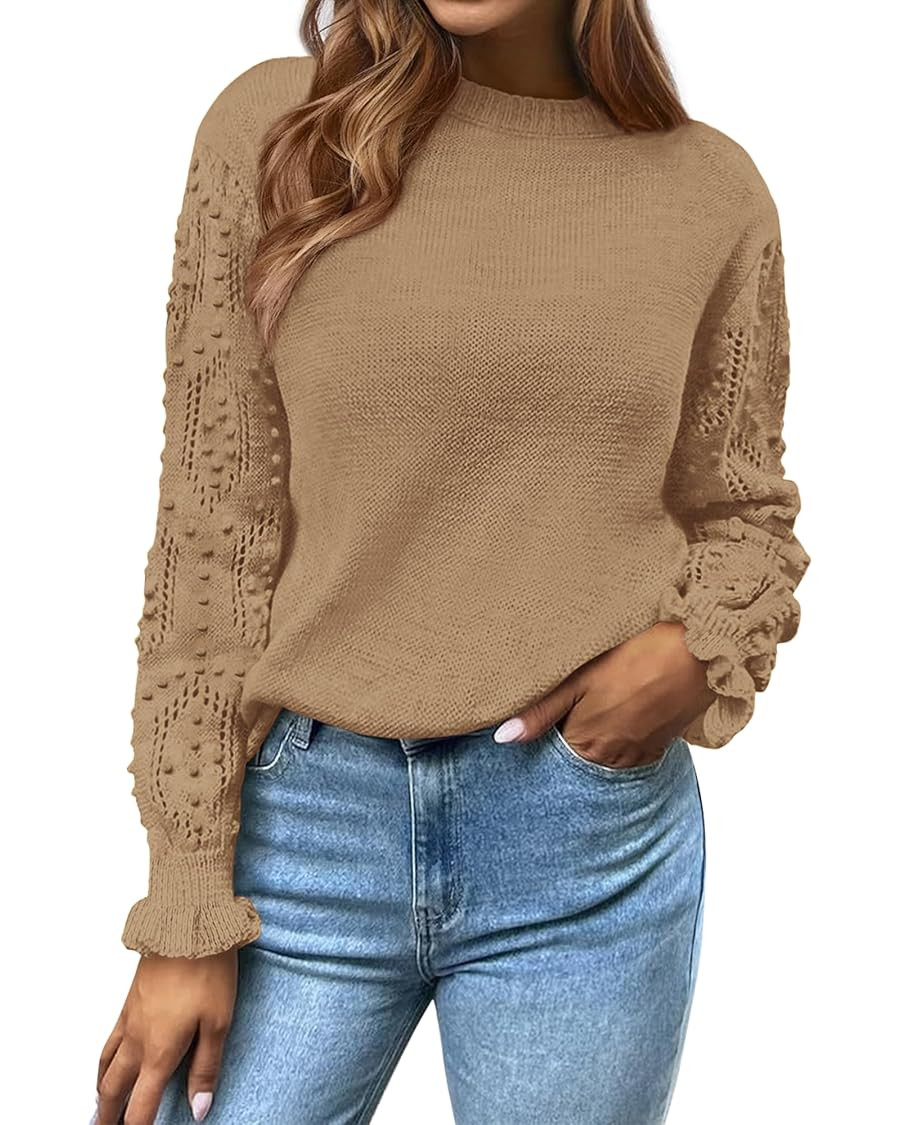 BTFBM Fall Sweaters for Women 2025 Crew Neck Long Sleeve Hollow Out Swiss Dot Knit Casual Pullove... | Amazon (US)
