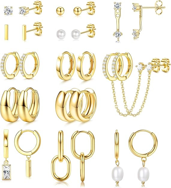 BESTEEL 13 Pairs Small Stud Hoop Earrings Set for Women Hypoallergenic Gold Plated Huggie Hoops P... | Amazon (US)