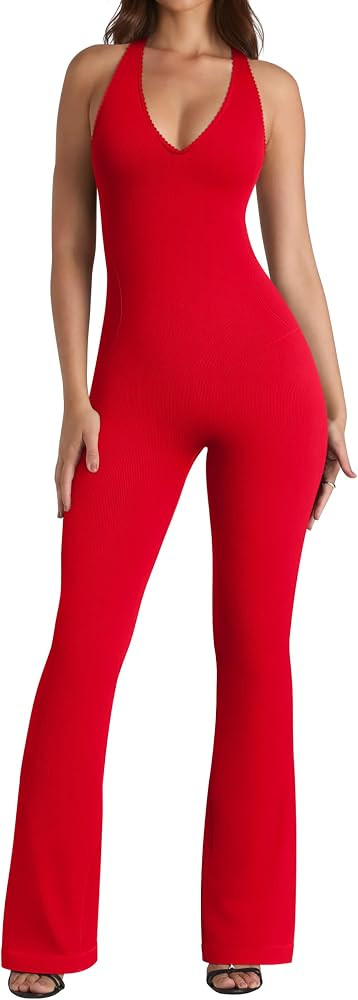OQQ Jumpsuits for Women Fall Winter Halterneck Sleeveless Lace-Trim Flared Jumpsuit | Amazon (US)