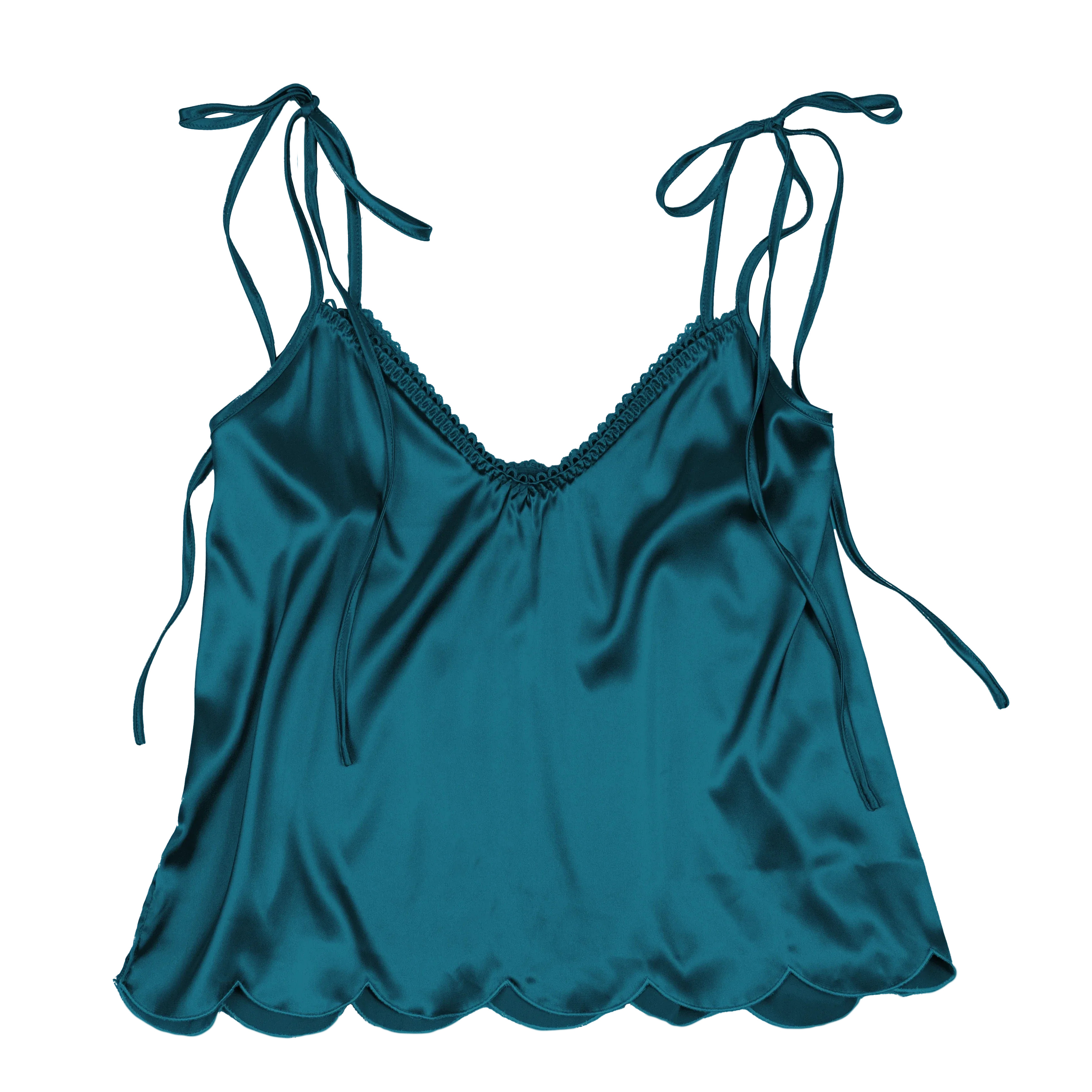 Scalloped Embroidered Satin Cami - Teal | Mentionables