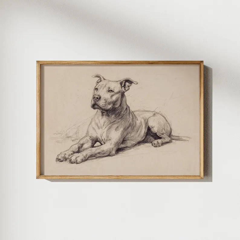 Vintage Pitbull Sketch, Minimalist Dog Art, Loyal Pet Owner Gift | Etsy (US)