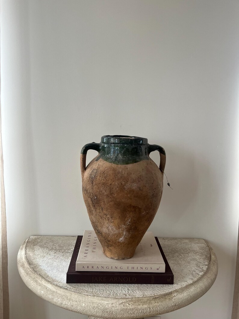 Antique Olive Jar With Green Glaze Rim | Vintage Turkish Pottery Vessel | Large Terracotta Vintag... | Etsy (Global)