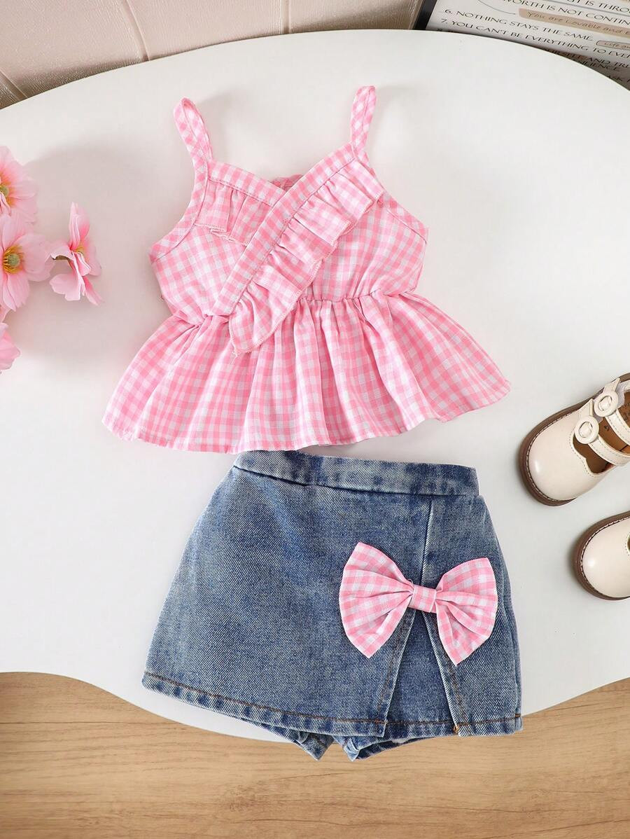 2pcs/Set Baby Girl Spring&Summer Casual Style,Plain Sleeveless Slip Top&Bowknot Decoration Short ... | SHEIN