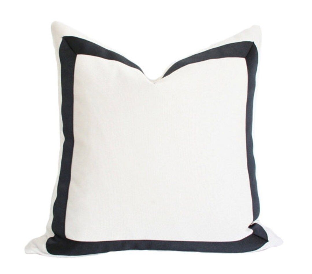 Solid White With Grosgrain Ribbon Border Luxury Throw Pillow - Navy or Black Trim Designer Pillow... | Etsy (US)