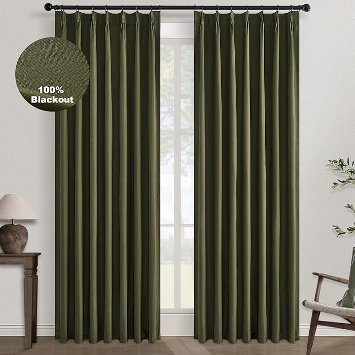 Topfinel Olive Green Linen Blackout Curtains 84 Inches Long, 100% Blackout Pinch Pleated Dark Green Boho Thermal Insulated Back Tab Curtains for Living Room Be… | Amazon (US)