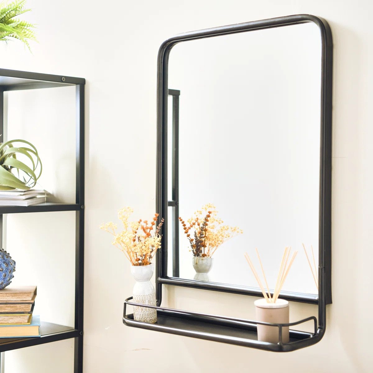 Metal Framed Rectangle Wall Mirror with Shelf | Wayfair North America