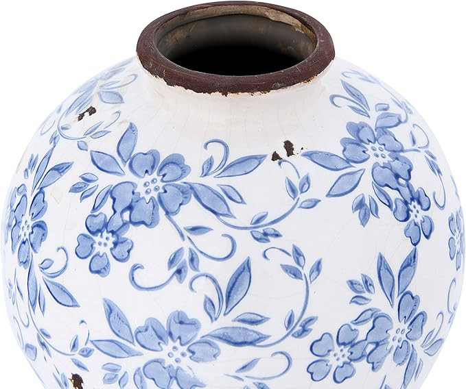 Creative Co-Op DF2720 8" H Terracotta Floral Transferware Pattern & Crackle Finish Vase, Blue | Amazon (US)