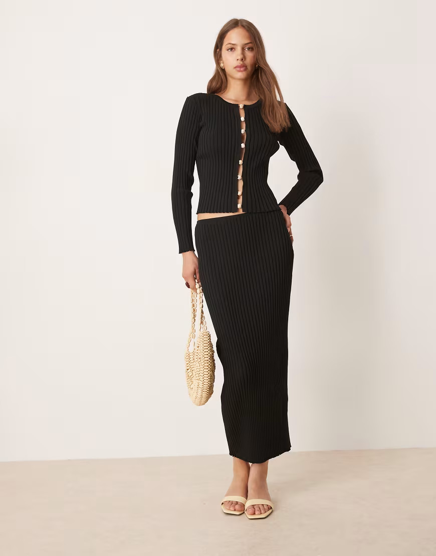 SNDYS ribbed knit column maxi skirt co-ord in black | ASOS (Global)