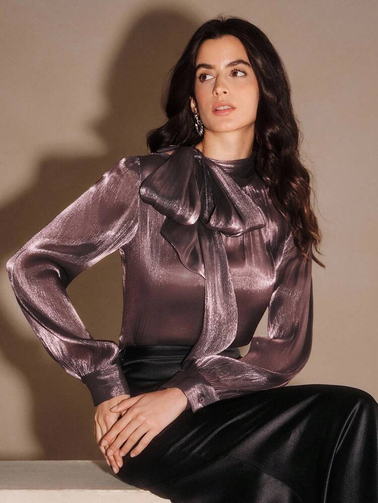 Anewsta Women's High Neck Long Sleeve Tie Cuff Elegant Chic Blouse, Suitable For Autumn, Fall, Winter, Going Out, Formal, Casual, New Year, Christmas, Graduation | SHEIN