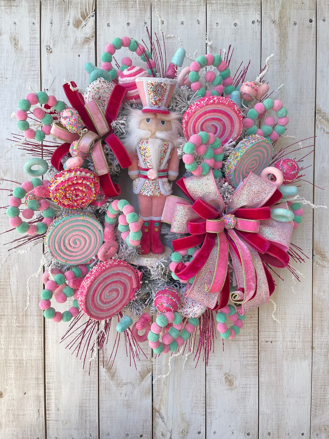 Christmas Winter Holiday Nutcracker Pink Turquoise Blue candy wreath for your front door porch en... | Etsy (US)