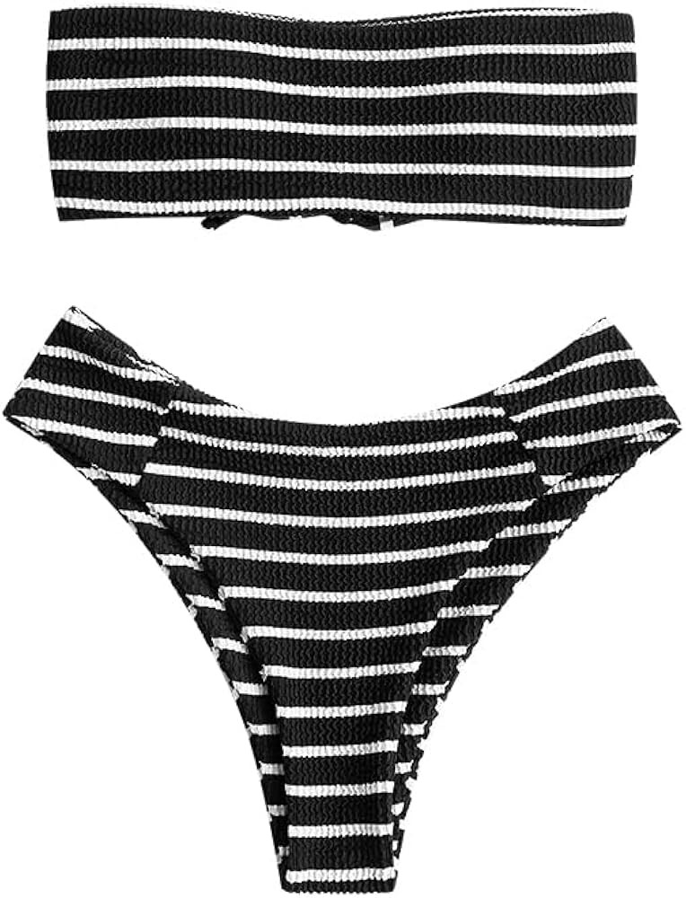 ZAFUL Women Strapless Bikini Set Lace Up Ribbed High Cut Bandeau 2 Piece Swimsuit | Amazon (US)